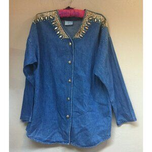 If USA Women's Size 1 Blue Denim Shirt/Jacket Gold Button Front Embellishments